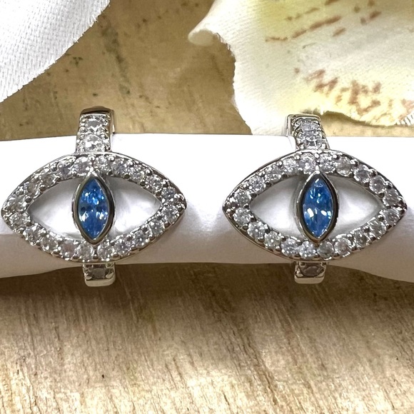 Blue Crystal Eye Tiny Round Hoop Earrings - Picture 2 of 8